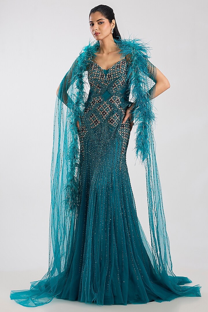 Deep Teal Tulle Crystal Hand Embroidered Bridal Gown With Drape by Dolly J at Pernia's Pop Up Shop