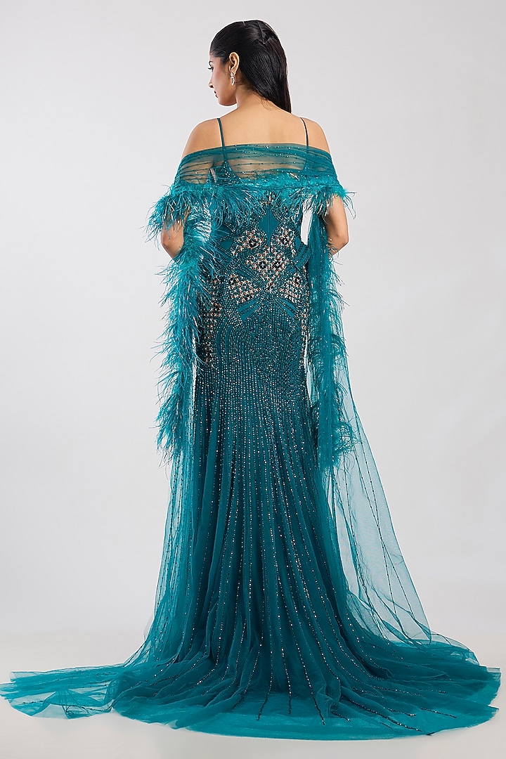 Deep Teal Tulle Crystal Hand Embroidered Bridal Gown With Drape by Dolly J at Pernia's Pop Up Shop
