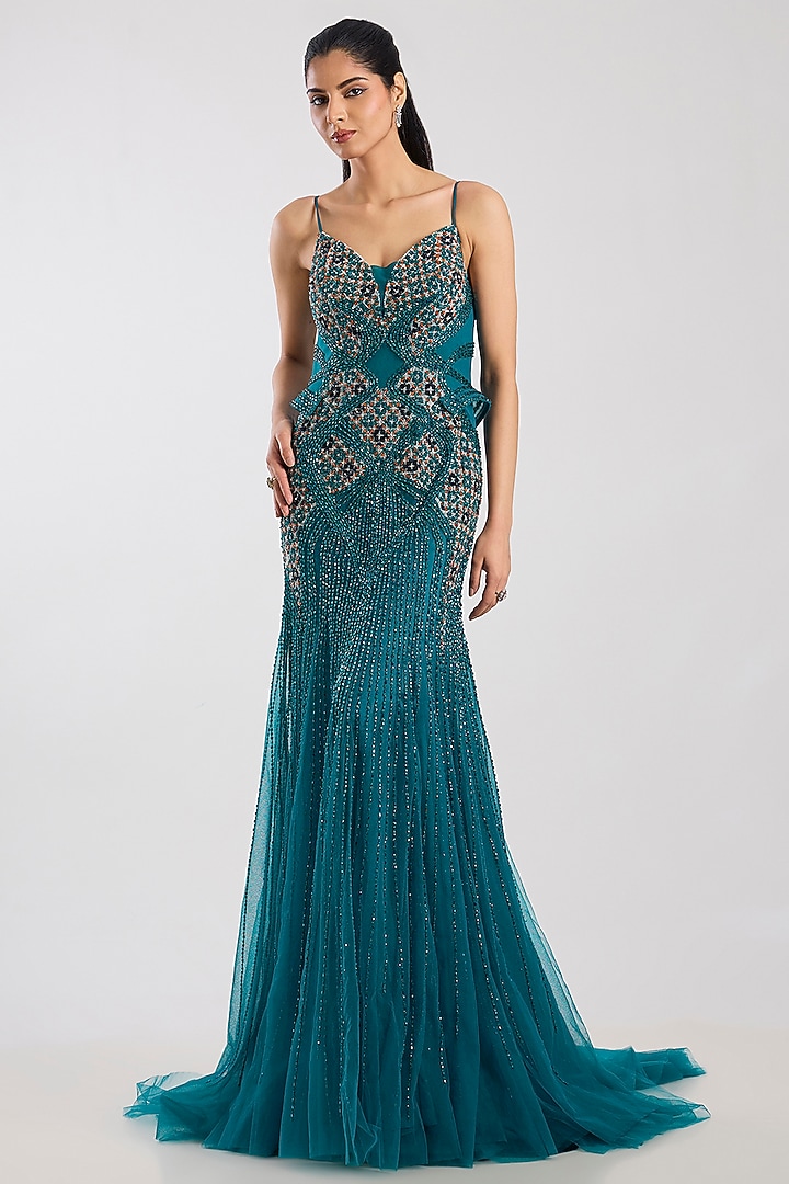Deep Teal Tulle Crystal Hand Embroidered Bridal Gown With Drape by Dolly J at Pernia's Pop Up Shop