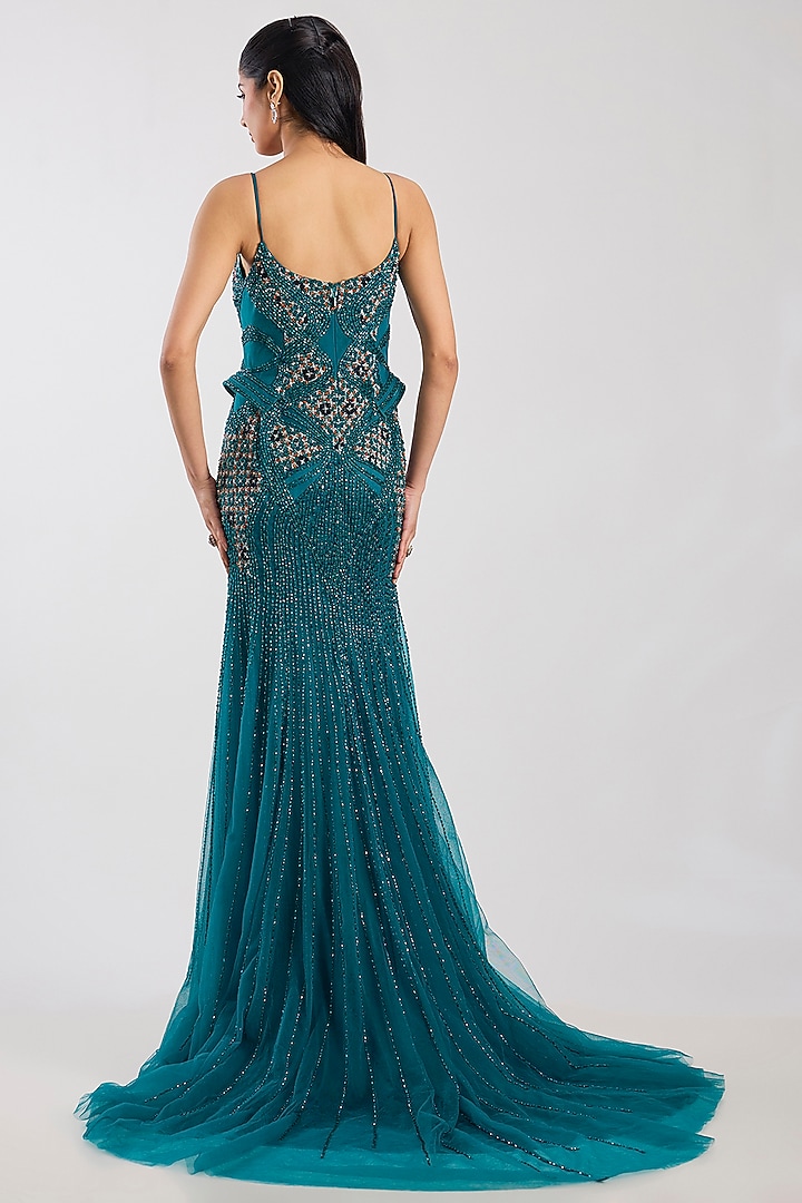 Deep Teal Tulle Crystal Hand Embroidered Bridal Gown With Drape by Dolly J at Pernia's Pop Up Shop