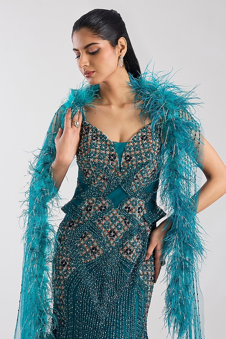 Deep Teal Tulle Crystal Hand Embroidered Bridal Gown With Drape by Dolly J at Pernia's Pop Up Shop