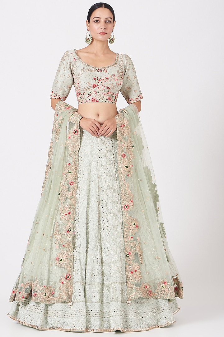 Pastel Green Chikankari Wedding Lehenga Set by Dolly J at Pernia's Pop Up Shop