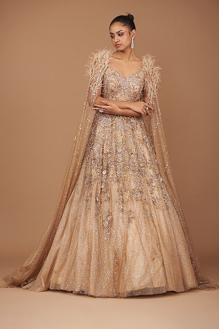 Beige Shimmer Tulle Zardosi Embroidered Gown by Dolly J