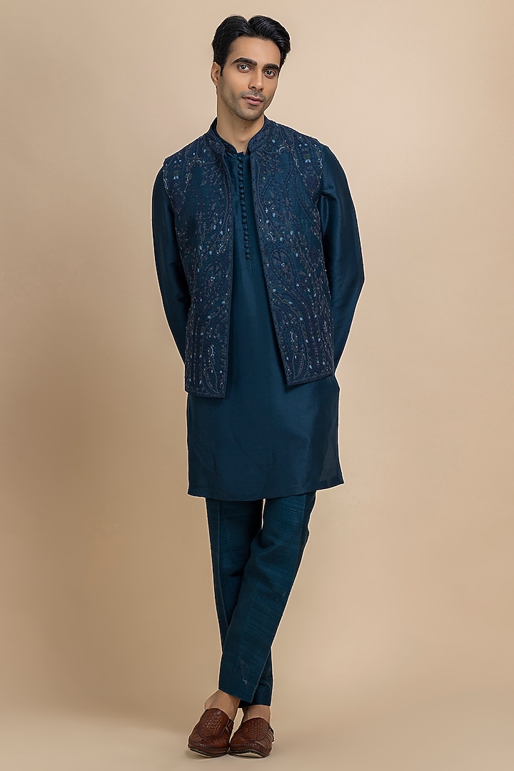 Midnight Blue Raw Silk Hand Embroidered Bundi Jacket Set by Dolly J MAN at Pernia's Pop Up Shop