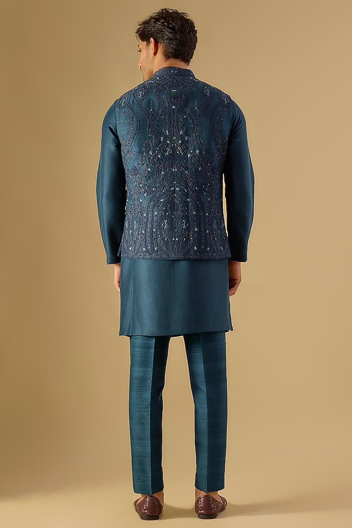 Midnight Blue Raw Silk Hand Embroidered Bundi Jacket Set by Dolly J MAN at Pernia's Pop Up Shop