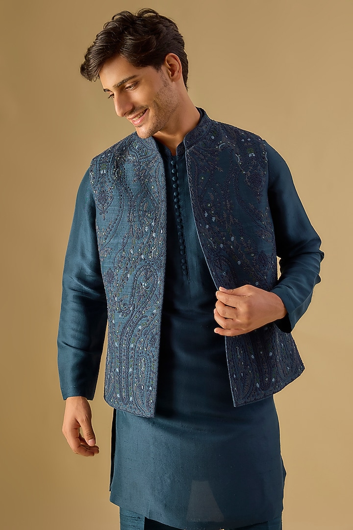 Midnight Blue Raw Silk Hand Embroidered Bundi Jacket Set by Dolly J MAN at Pernia's Pop Up Shop