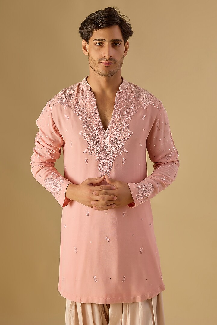 Blush Pink Georgette Embroidered Kurta Set by Dolly J MAN at Pernia's Pop Up Shop
