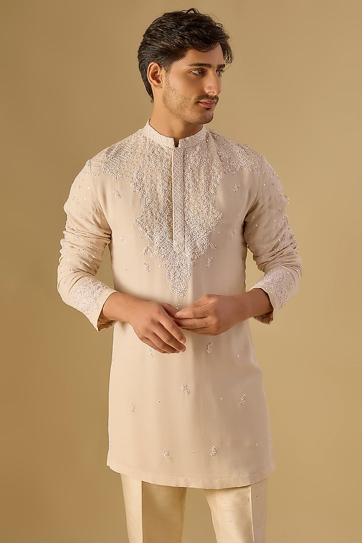 Beige Georgette Embroidered Kurta Set by Dolly J MAN at Pernia's Pop Up Shop