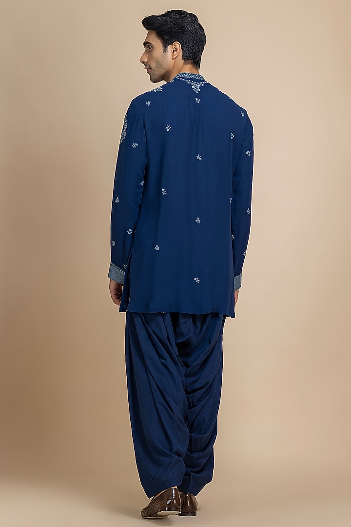 Indigo Georgette Tonal Embroidered Kurta Set by Dolly J MAN at Pernia's Pop Up Shop