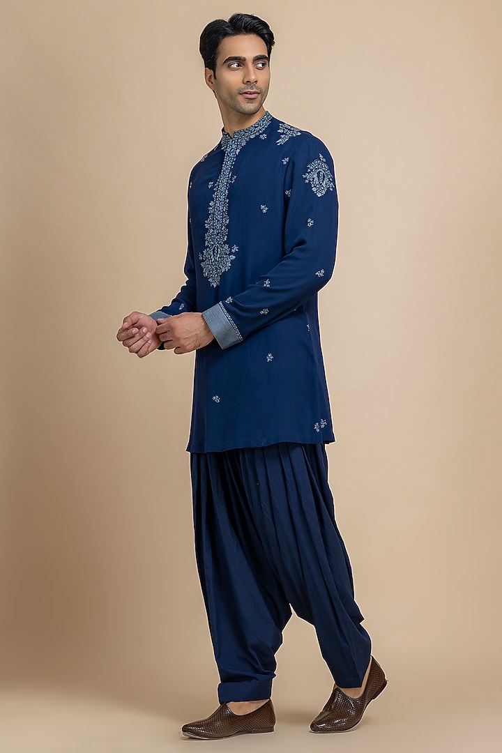 Indigo Georgette Tonal Embroidered Kurta Set by Dolly J MAN at Pernia's Pop Up Shop