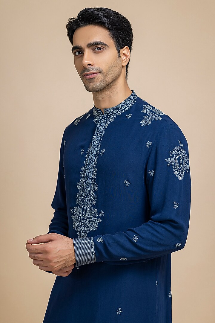 Indigo Georgette Tonal Embroidered Kurta Set by Dolly J MAN at Pernia's Pop Up Shop