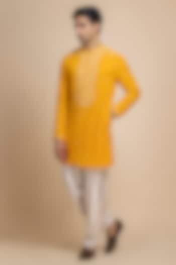 Turmeric Yellow Georgette Tonal Embroidered Kurta Set by Dolly J MAN at Pernia's Pop Up Shop