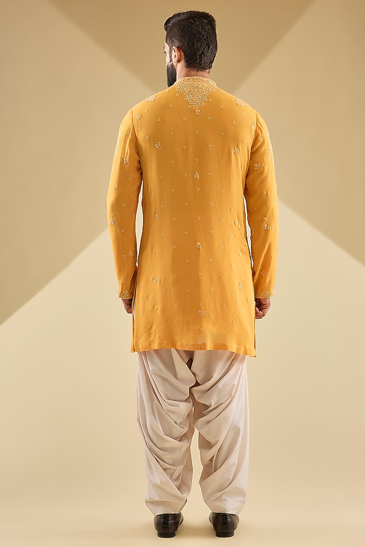 Turmeric Yellow Georgette Tonal Embroidered Kurta Set by Dolly J MAN at Pernia's Pop Up Shop
