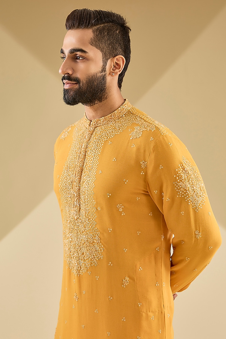 Turmeric Yellow Georgette Tonal Embroidered Kurta Set by Dolly J MAN at Pernia's Pop Up Shop
