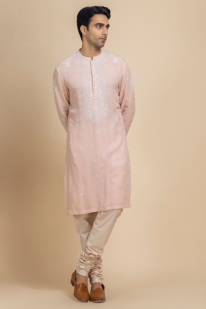 Muted Peach Georgette Thread Embroidered Kurta by Dolly J MAN at Pernia's Pop Up Shop