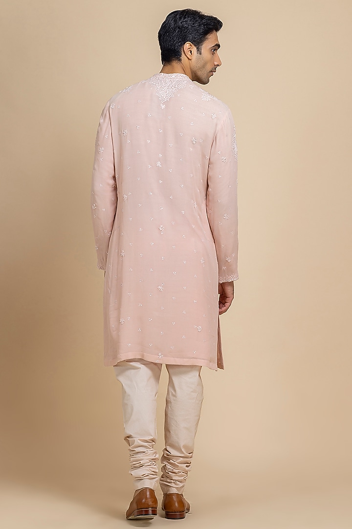 Muted Peach Georgette Thread Embroidered Kurta by Dolly J MAN at Pernia's Pop Up Shop