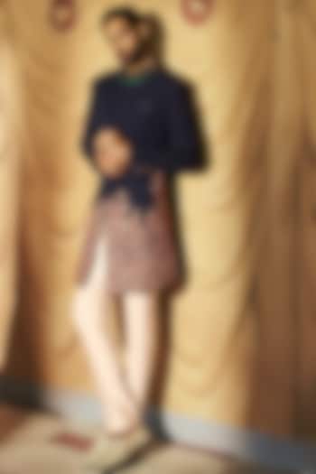 Midnight Blue Japanese Crepe Kashmiri Embroidered Groom Sherwani Set by Dolly J MAN at Pernia's Pop Up Shop