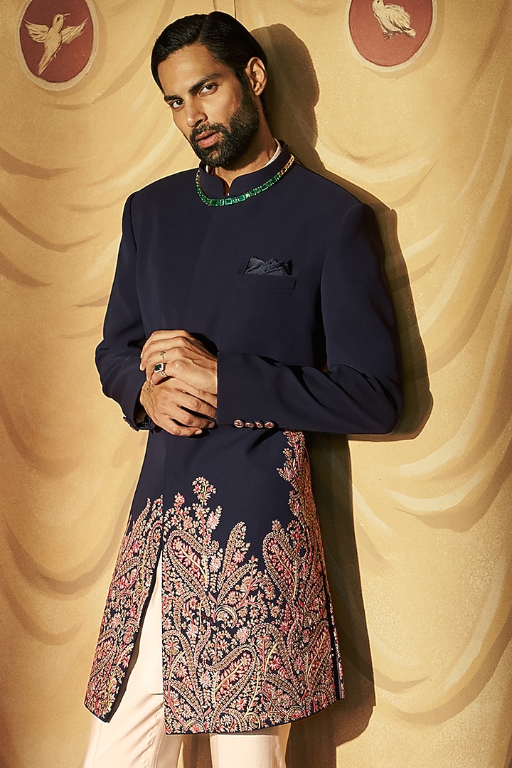 Midnight Blue Japanese Crepe Kashmiri Embroidered Groom Sherwani Set by Dolly J MAN at Pernia's Pop Up Shop