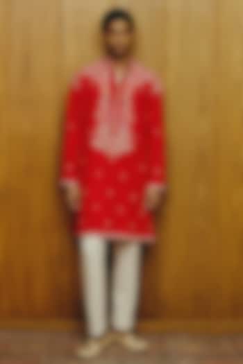 Scarlet Silk Embroidered Kurta Set by Dolly J MAN at Pernia's Pop Up Shop