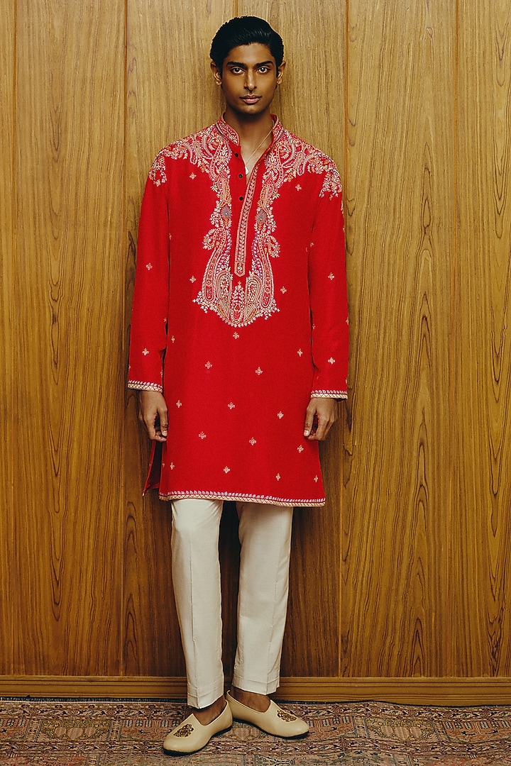 Scarlet Silk Embroidered Kurta Set by Dolly J MAN at Pernia's Pop Up Shop