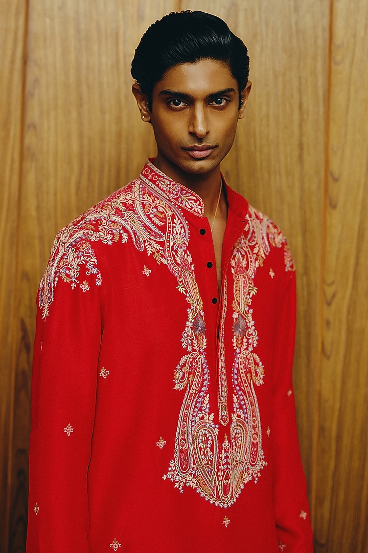 Scarlet Silk Embroidered Kurta Set by Dolly J MAN at Pernia's Pop Up Shop
