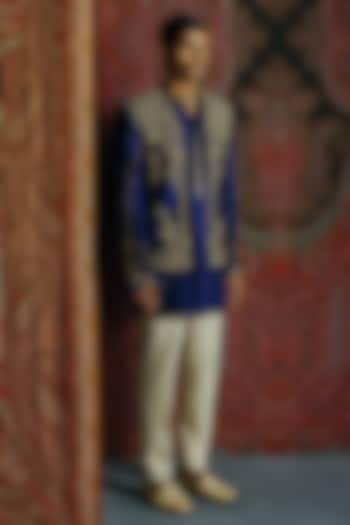 Royal Blue Raw Silk Kashmiri Embroidered Groom Indowestern Set by Dolly J MAN at Pernia's Pop Up Shop