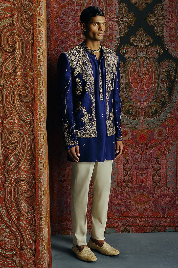 Royal Blue Raw Silk Kashmiri Embroidered Groom Indowestern Set by Dolly J MAN at Pernia's Pop Up Shop