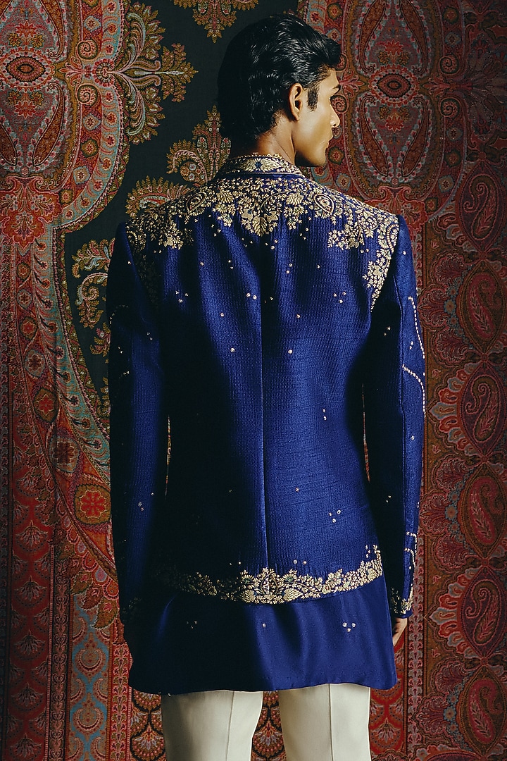 Royal Blue Raw Silk Kashmiri Embroidered Groom Indowestern Set by Dolly J MAN at Pernia's Pop Up Shop