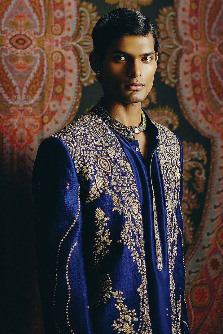 Royal Blue Raw Silk Kashmiri Embroidered Groom Indowestern Set by Dolly J MAN at Pernia's Pop Up Shop