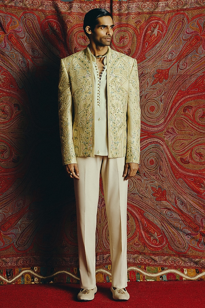 Pistachio Green Raw Silk Embroidered Groom Indowestern Set by Dolly J MAN at Pernia's Pop Up Shop