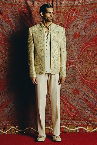 Pistachio Green Raw Silk Embroidered Indowestern Set by Dolly J MAN
