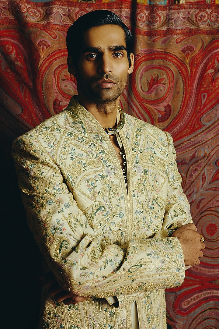 Pistachio Green Raw Silk Embroidered Groom Indowestern Set by Dolly J MAN at Pernia's Pop Up Shop