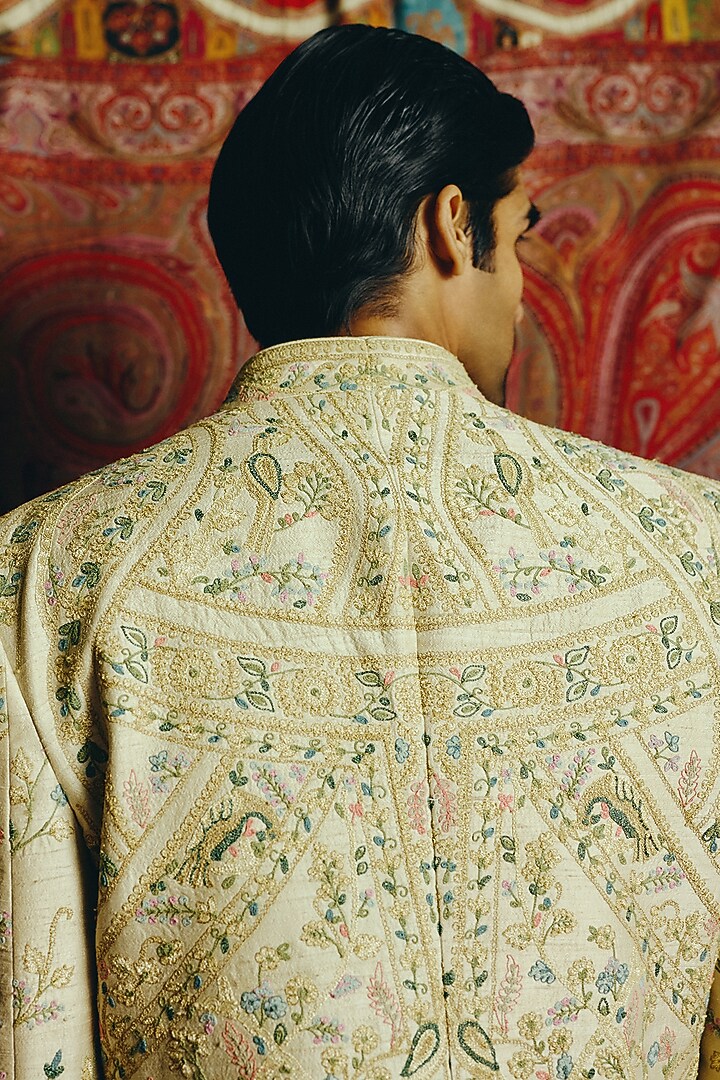 Pistachio Green Raw Silk Embroidered Groom Indowestern Set by Dolly J MAN at Pernia's Pop Up Shop