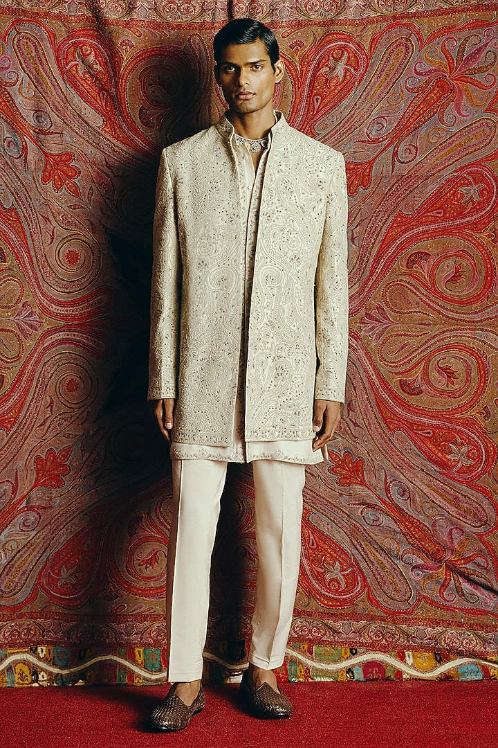 Ivory Raw Silk Embroidered Groom Indowestern Set by Dolly J MAN at Pernia's Pop Up Shop