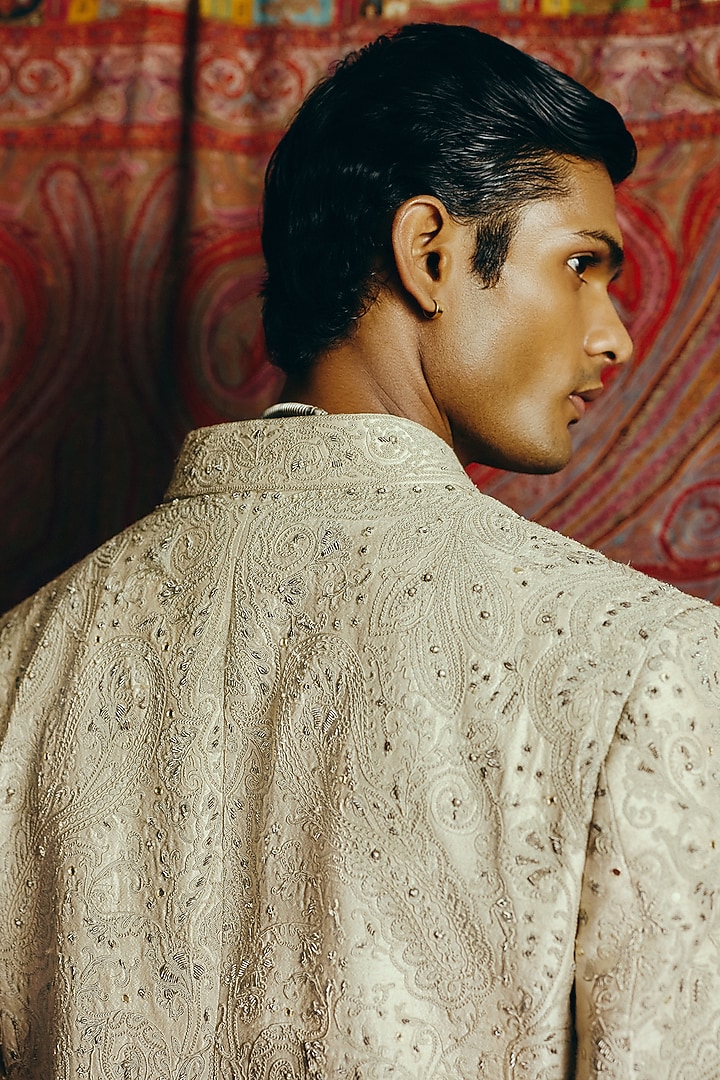 Ivory Raw Silk Embroidered Groom Indowestern Set by Dolly J MAN at Pernia's Pop Up Shop