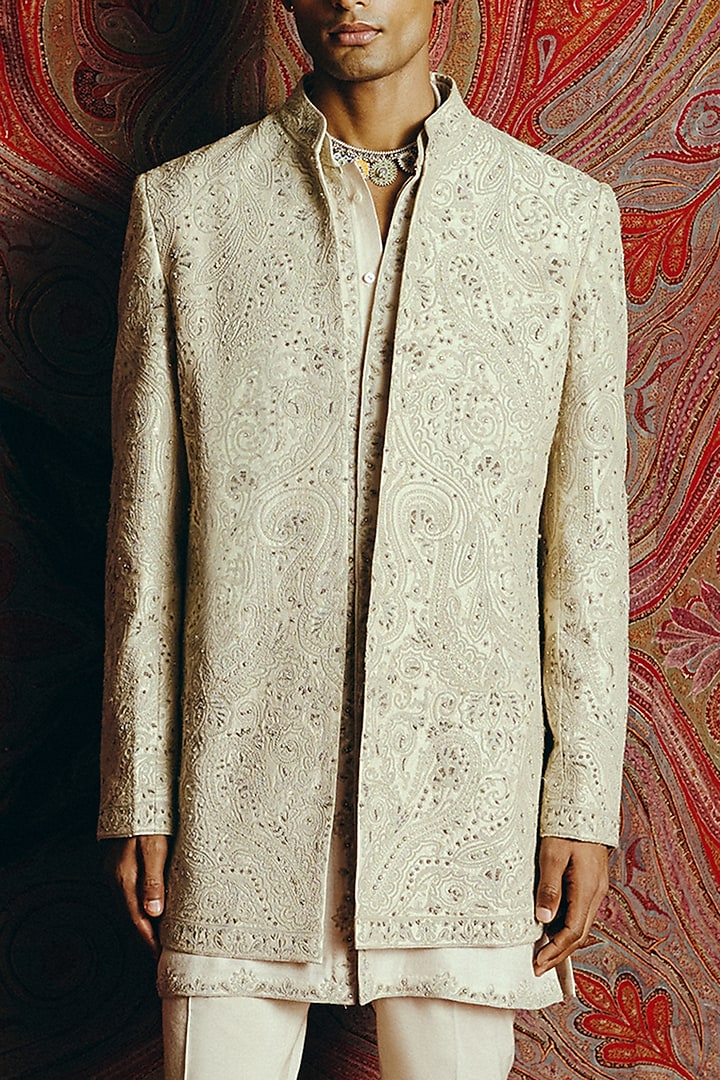 Ivory Raw Silk Embroidered Groom Indowestern Set by Dolly J MAN at Pernia's Pop Up Shop
