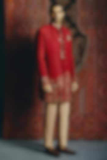 Deep Scarlet Raw Silk Kashmiri Embroidered Achkan Set by Dolly J MAN at Pernia's Pop Up Shop