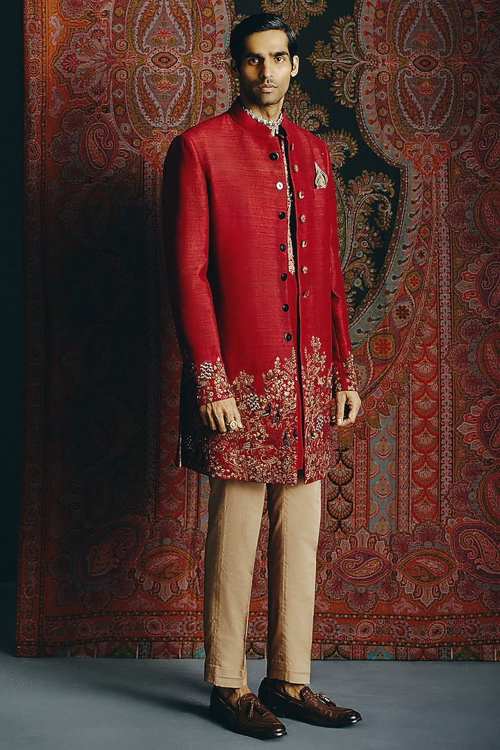 Deep Scarlet Raw Silk Kashmiri Embroidered Achkan Set by Dolly J MAN at Pernia's Pop Up Shop
