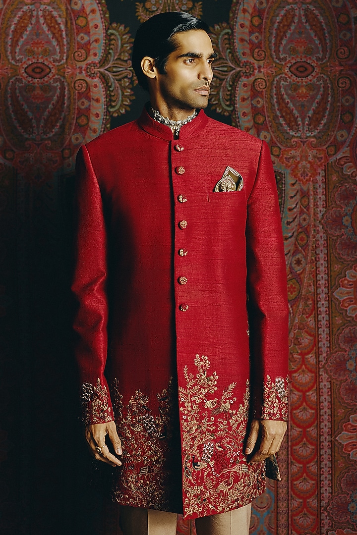 Deep Scarlet Raw Silk Kashmiri Embroidered Achkan Set by Dolly J MAN at Pernia's Pop Up Shop