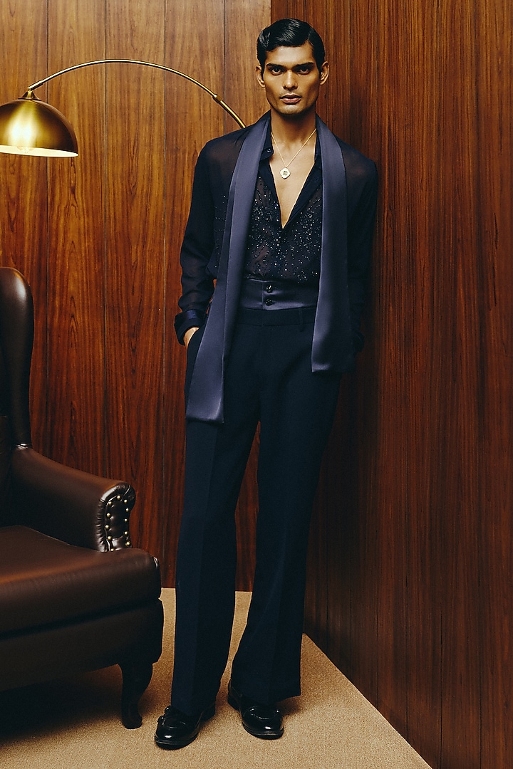 Navy Georgette Embroidered Co-Ord Set by Dolly J MAN at Pernia's Pop Up Shop