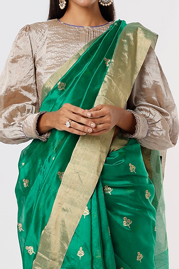 Emerald Green Chanderi Silk Party Wear Saree by Delhi Vintage at Pernia's Pop Up Shop