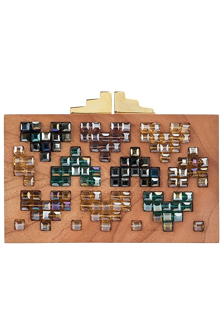 Multi-Colour Geometric Swarovski Crystal Cubes and Wooden Clutch by Duet Luxury