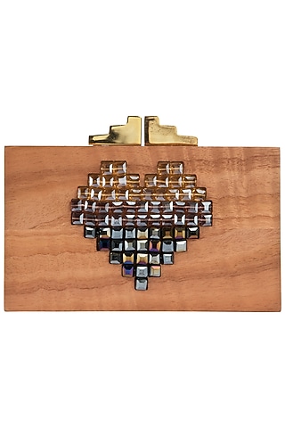 Multi-Coloured Heart Embellished Wooden Clutch by Duet Luxury