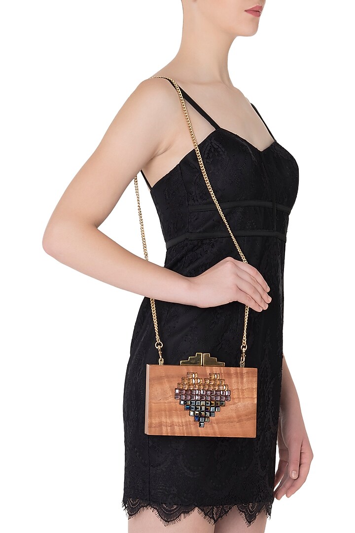 Multi-coloured heart embellished wooden clutch available only at Pernia's Pop Up Shop.