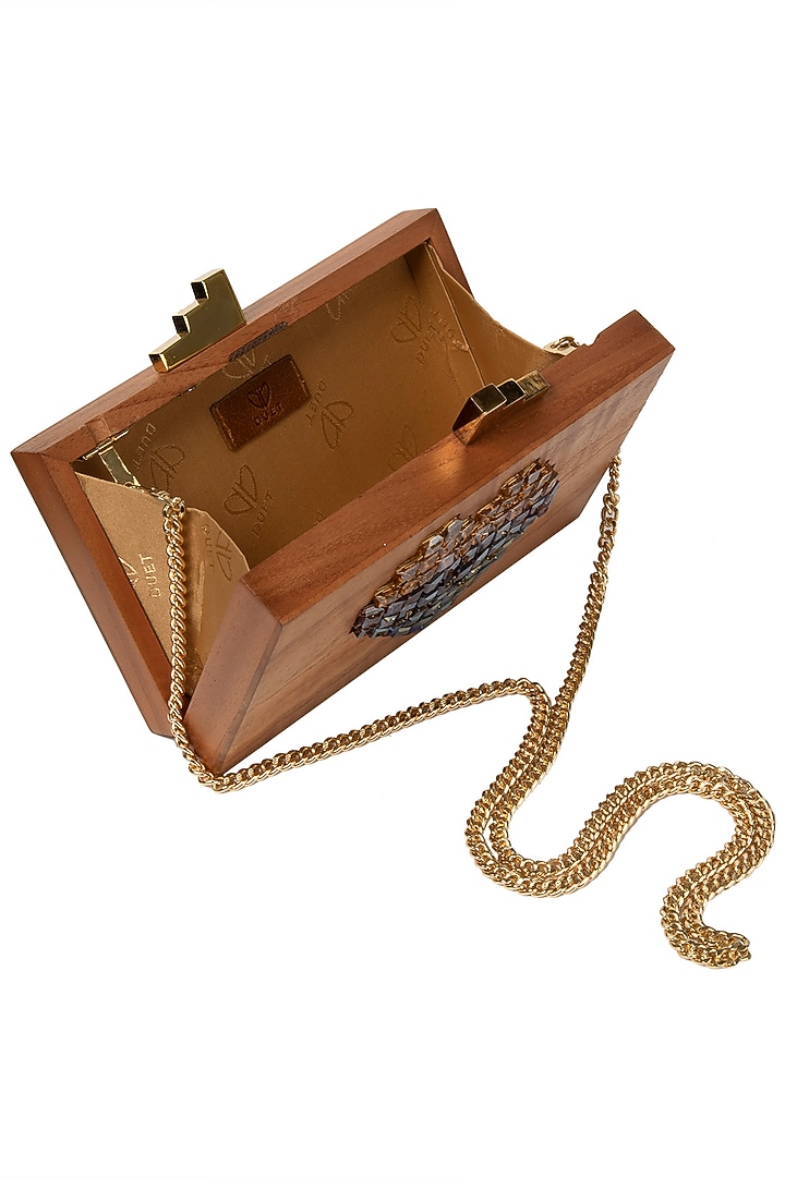 Multi-coloured heart embellished wooden clutch available only at Pernia's Pop Up Shop.