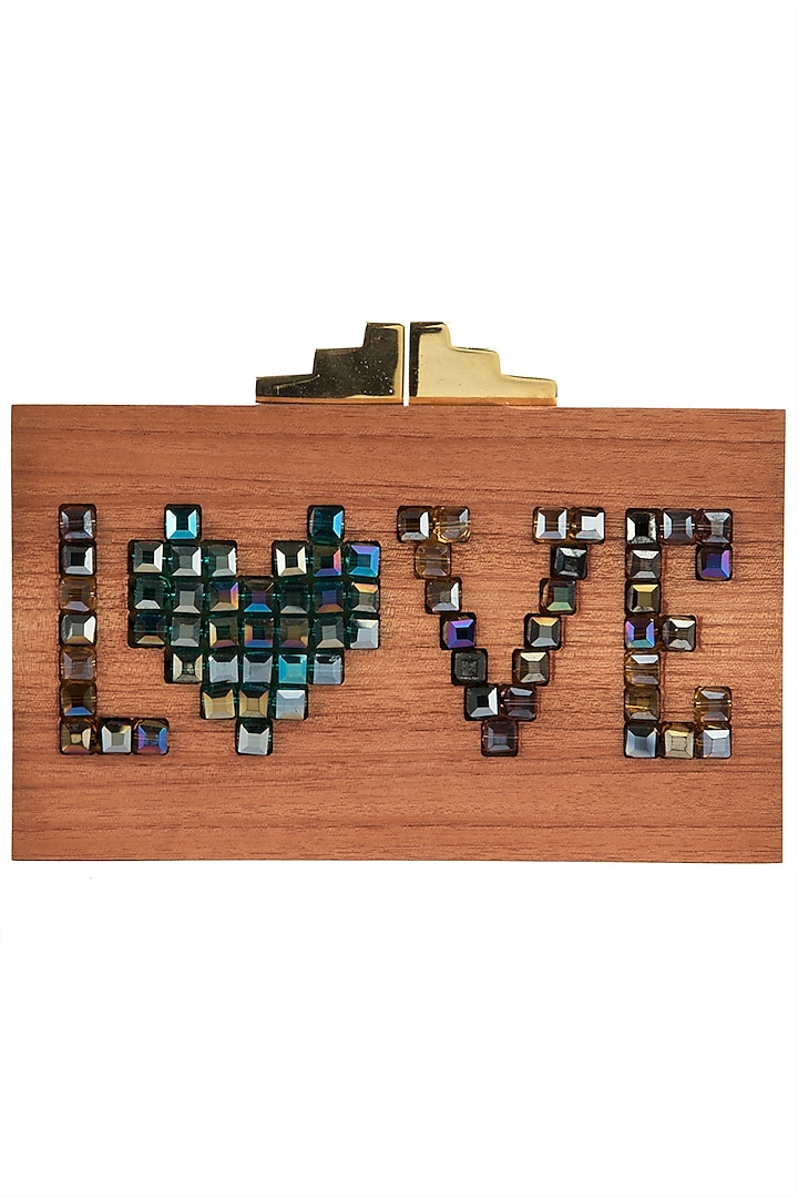 Multi-Coloured 'Love' Embellished Wooden Clutch by Duet Luxury