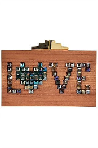 Multi-Coloured 'Love' Embellished Wooden Clutch by Duet Luxury