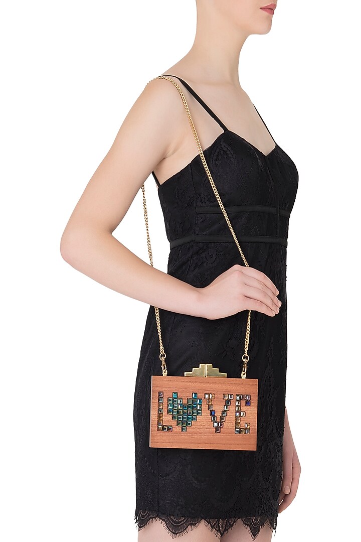 Multi-coloured 'LOVE' embellished wooden clutch available only at Pernia's Pop Up Shop.