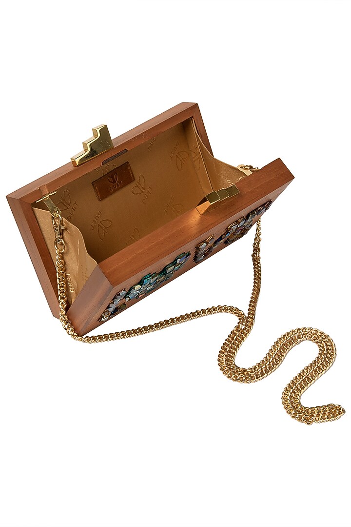 Multi-coloured 'LOVE' embellished wooden clutch available only at Pernia's Pop Up Shop.