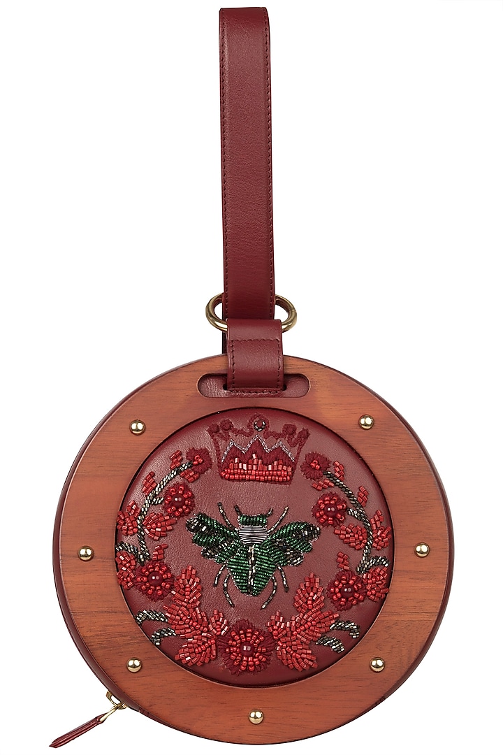 Red Circular Floral Embroidered Clutch by Duet Luxury